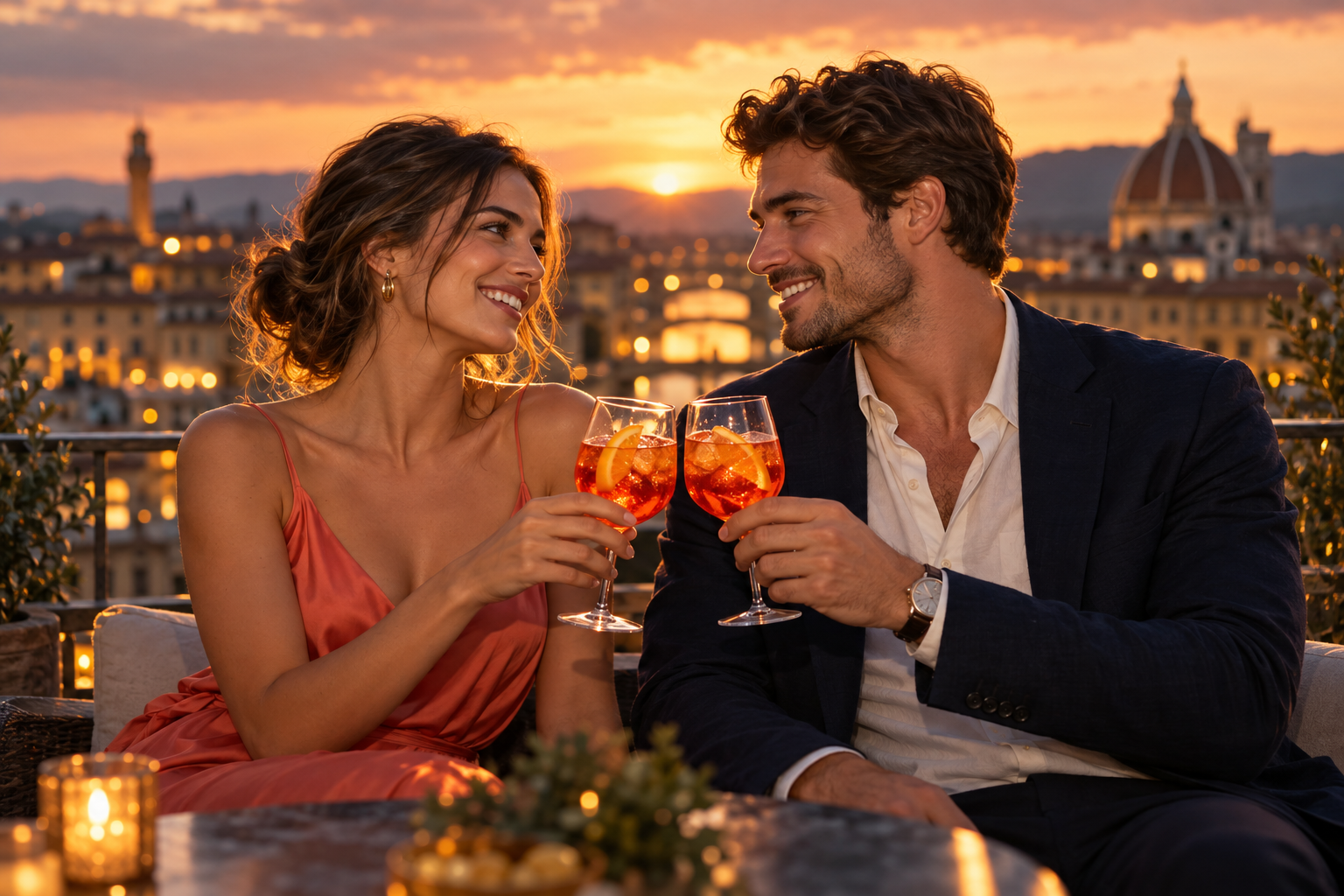 Una donna e un uomo adulti brindano durante un aperitivo al tramonto